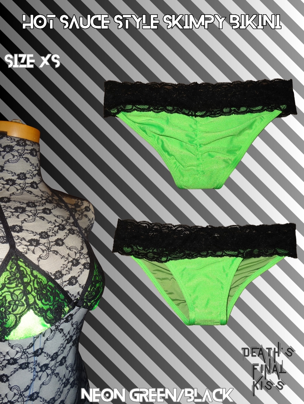 RARE Hot Sauce Style Neon Green Black Lace String Skimpy Cheeky Bikini Sexy XS